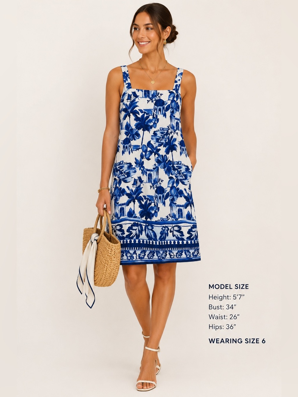 LOFT Blue White Mediterranean Print Linen Blend Shift Dress 6 Tropical Coastal